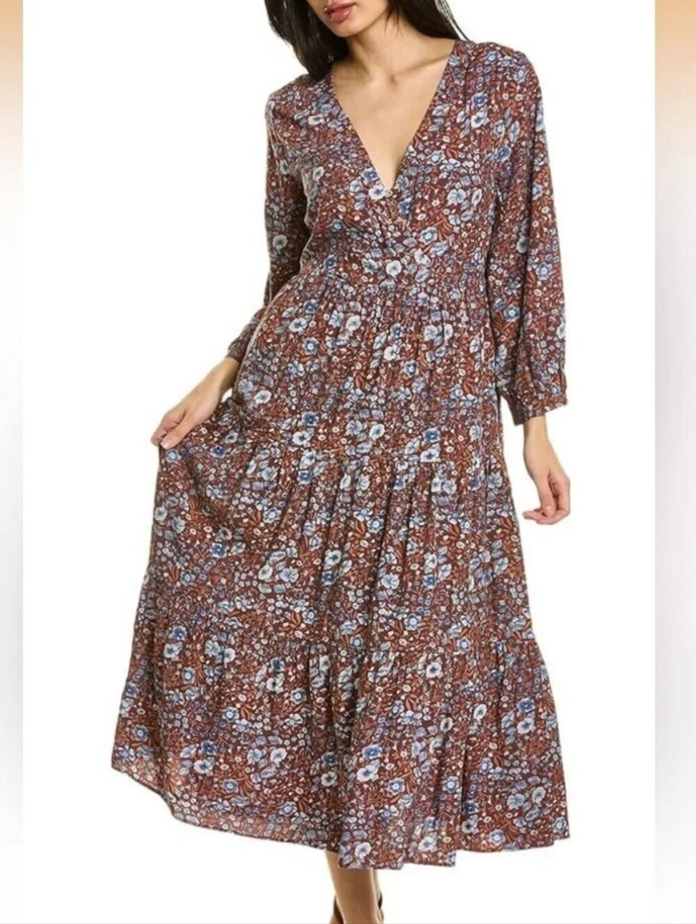 Madewell Rust Brown Floral Tiered Maxi Dress with Blue Accents